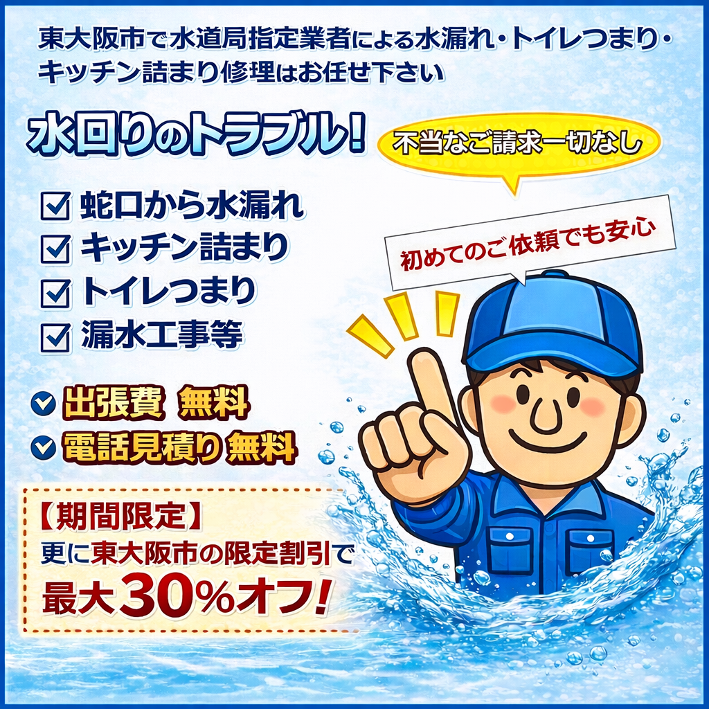 【東大阪市指定業者】キッチン・トイレつまり修理/水漏れ修理1,500円～｜水道修理緊急センター